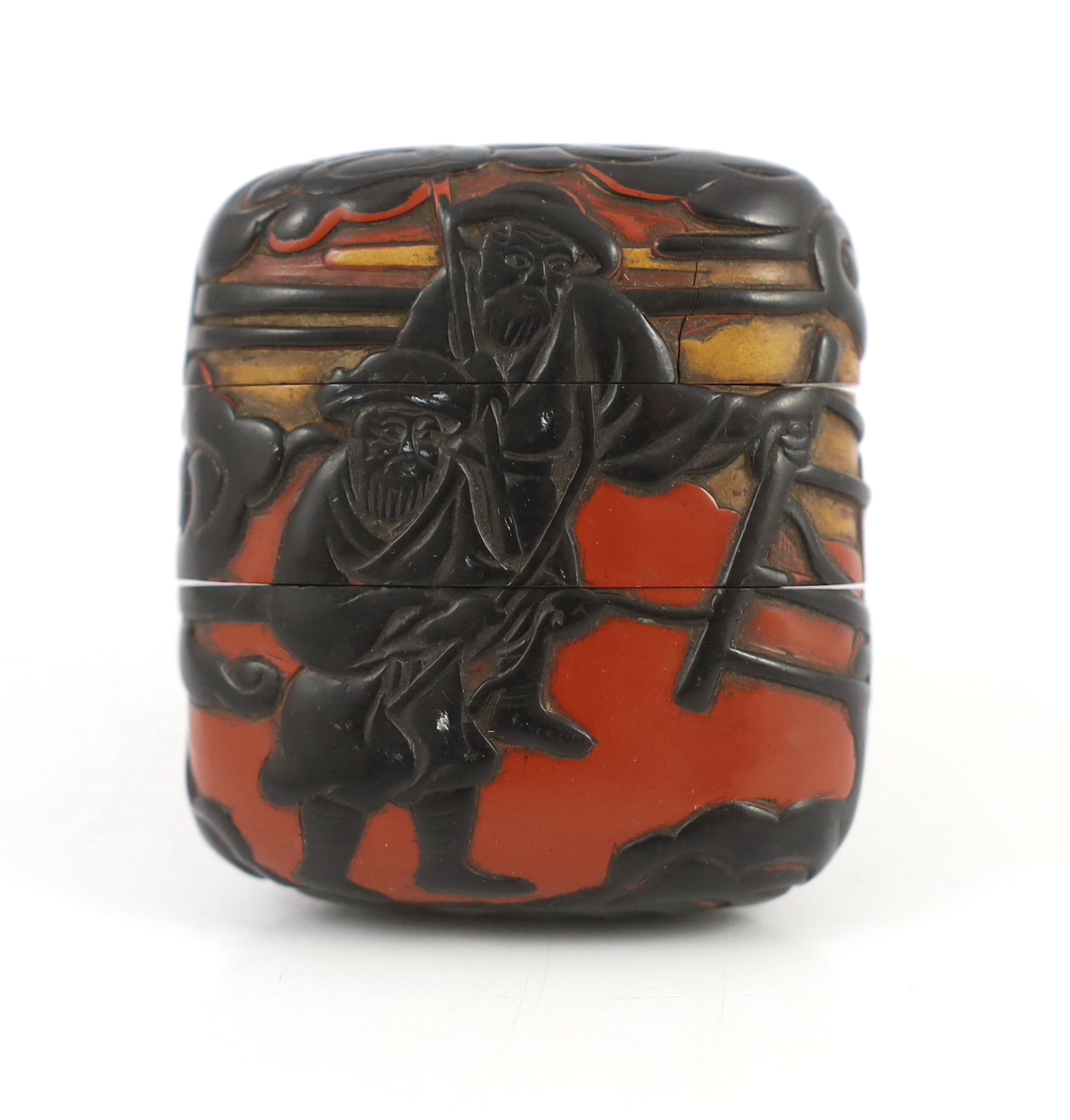 A Japanese three colour lacquer two case inro, 6.5cm high